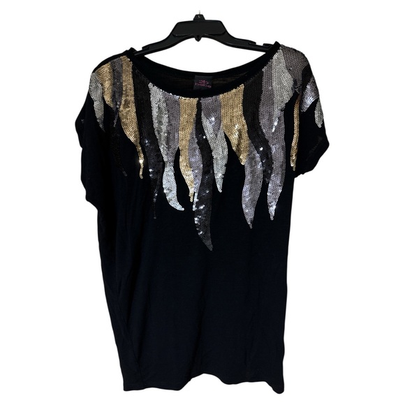 2B Bebe Tops - 2b Bebe Black Sequin Party Top Embellished Short Sleeve Medium Y2K Glam Clubwear
